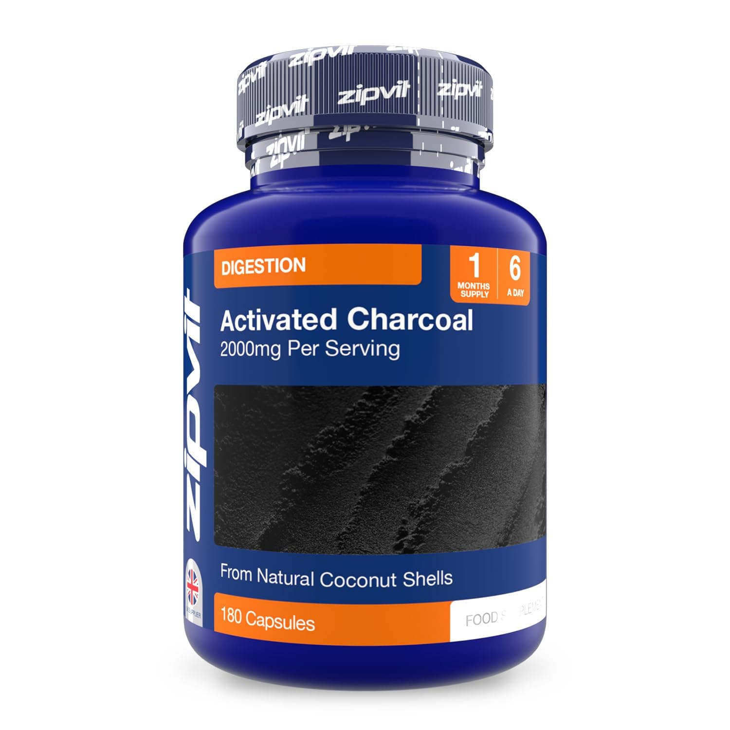 Zipvit Activated Charcoal Capsules 2000mg, Charcoal Tablets Alternative, Digestion Support Supplement, Helps Reduce Excessive Flatulence After Eating, 180 Capsules