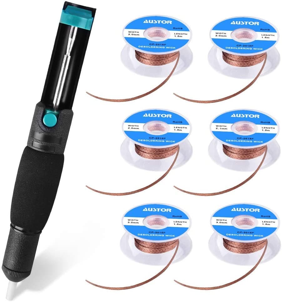 AUSTOR Desoldering Sucker and 6 Pcs Solder Braid Wick (2.0mm/2.5mm/3.0mm Width, 1.5m Length) with Flux - Desoldering Vacuum Pump Solder Removal Tool