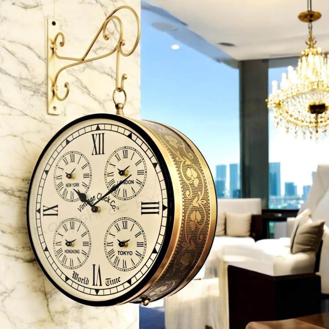 Vintage Clock Iron Handcrafted Double Side Analog Clock / 12 Inch/World Clock/Vc-65090, Gold