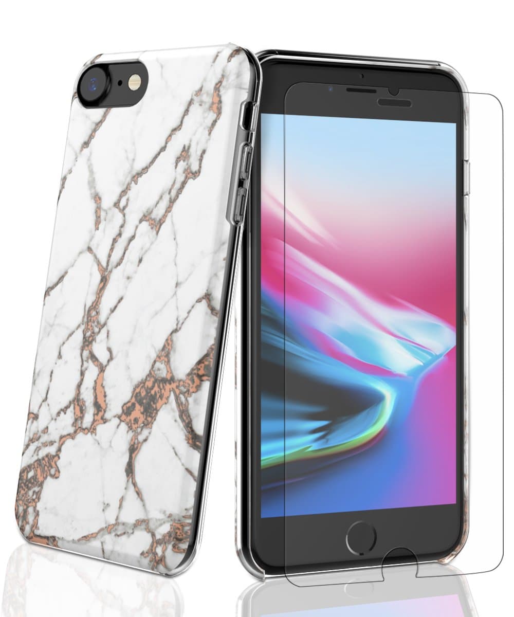 SaiTong iPhone 6 Case,iPhone 6S Case,iPhone 7 Case,iPhone 8 Case Shockproof Slim Fit Plastic and TPU Protective Hard Shell with Tempered Glass Screen Protector Marble