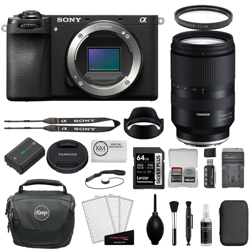 - a6700 Mirrorless Camera Body Bundle with 17-70mm f/2.8 Di III-A VC RXD Lens for Sony E + 64GB Memory Card + 67mm UV Filter + Camera Case + Photo Starter Kit + Charger (7 Items)