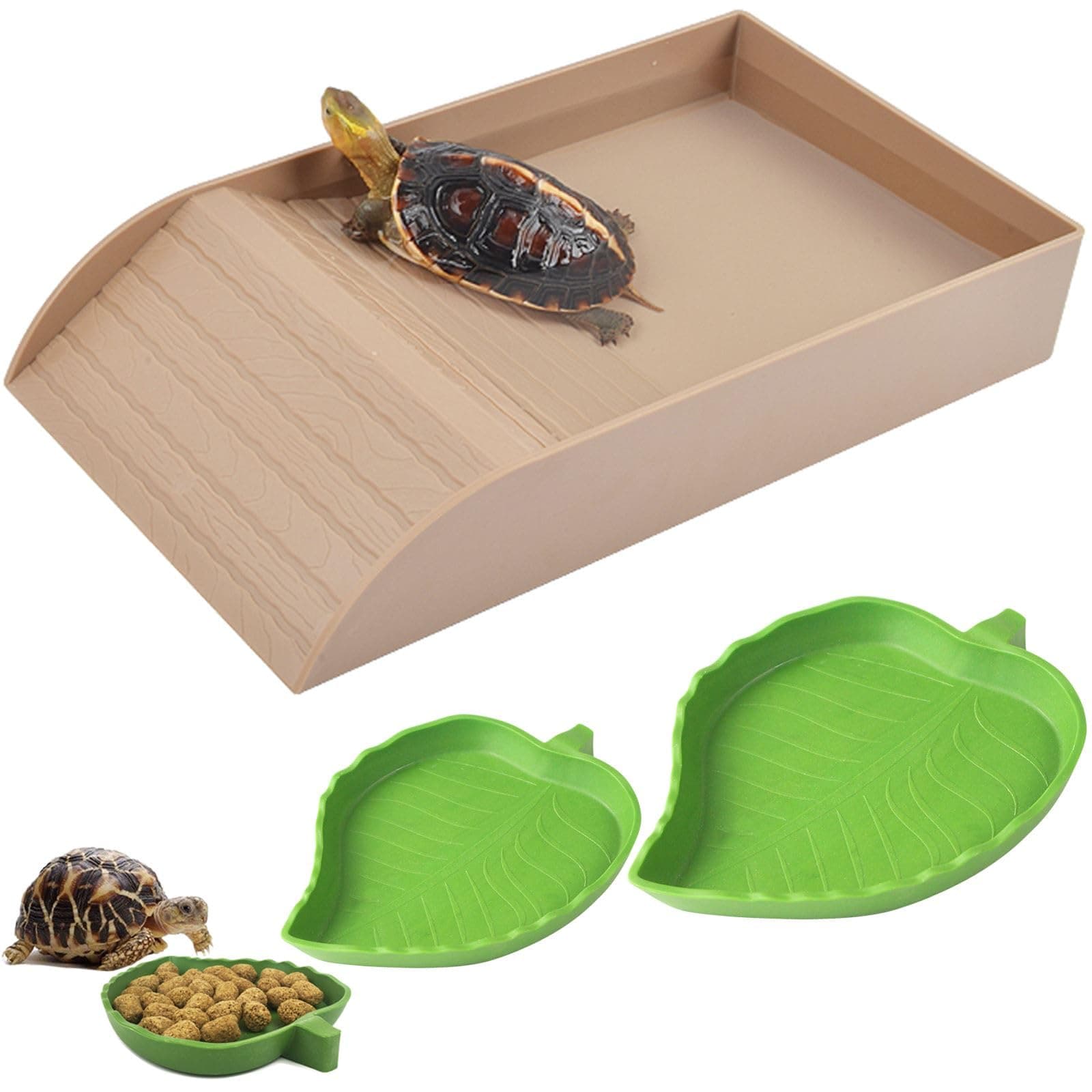 3pcs Turtle Feeding Dish with Ramp and Basking Platform Leaf Reptile Food Water Bowl Plate Dish Reptile Pool with Ramp for Tortoise Bath Amphibians Habitat Aquarium Brown