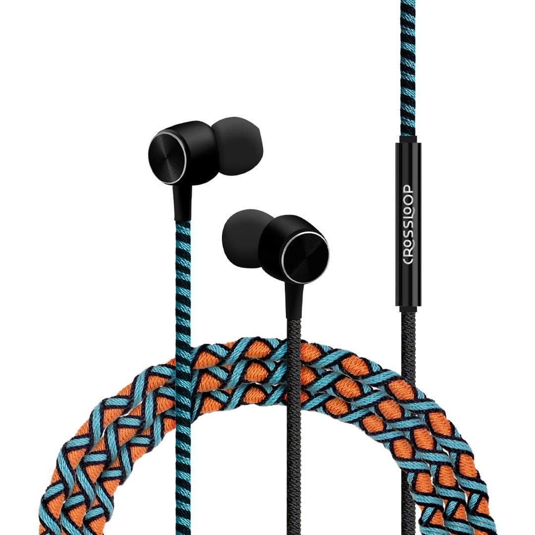 Crossloop Pro Series Braided Tangle Free Designer Wired in Ear Earphones with Mic with Metallic Driver 3.5Mm for Extra Bass (Orange & Blue)