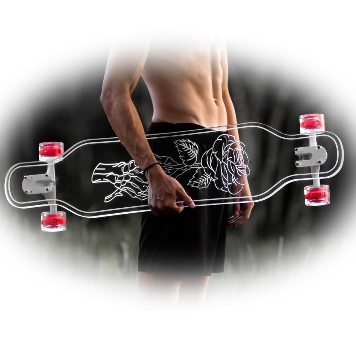 Ghost Long Board 40" Platypus Clear Longboard with Skeleton Hand Rose Design