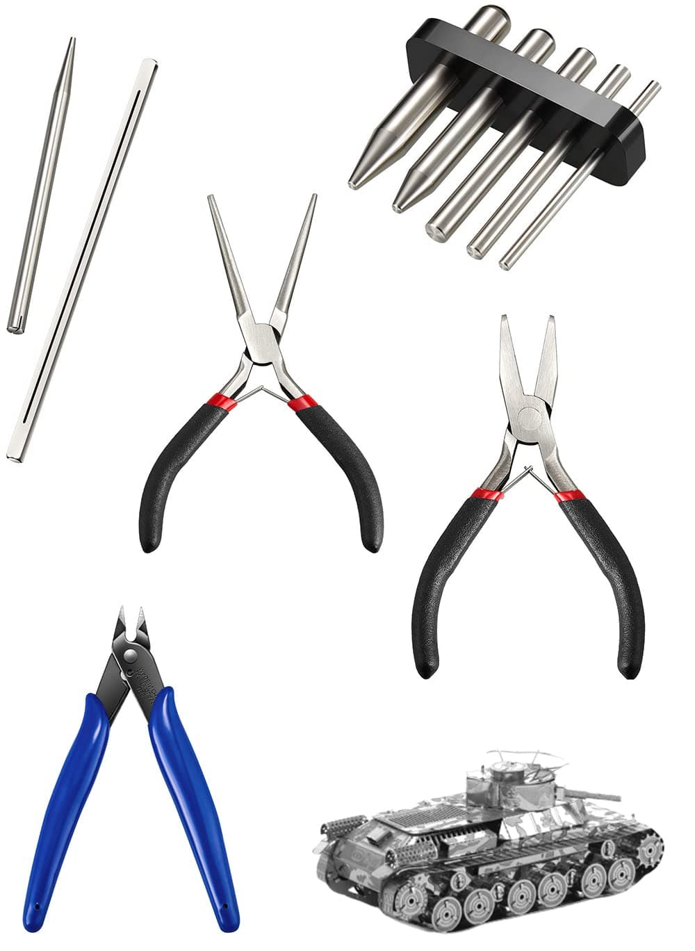 MAKINGTEC 10 Pieces Metal DIY Model Tool Sets, Tab Edge Cylinder Cone Shape Bending Assist Tools, Nozzle Pliers Flat Nose Pliers Needle Nose Pliers for 3D Metal Jigsaw Puzzles Assembly