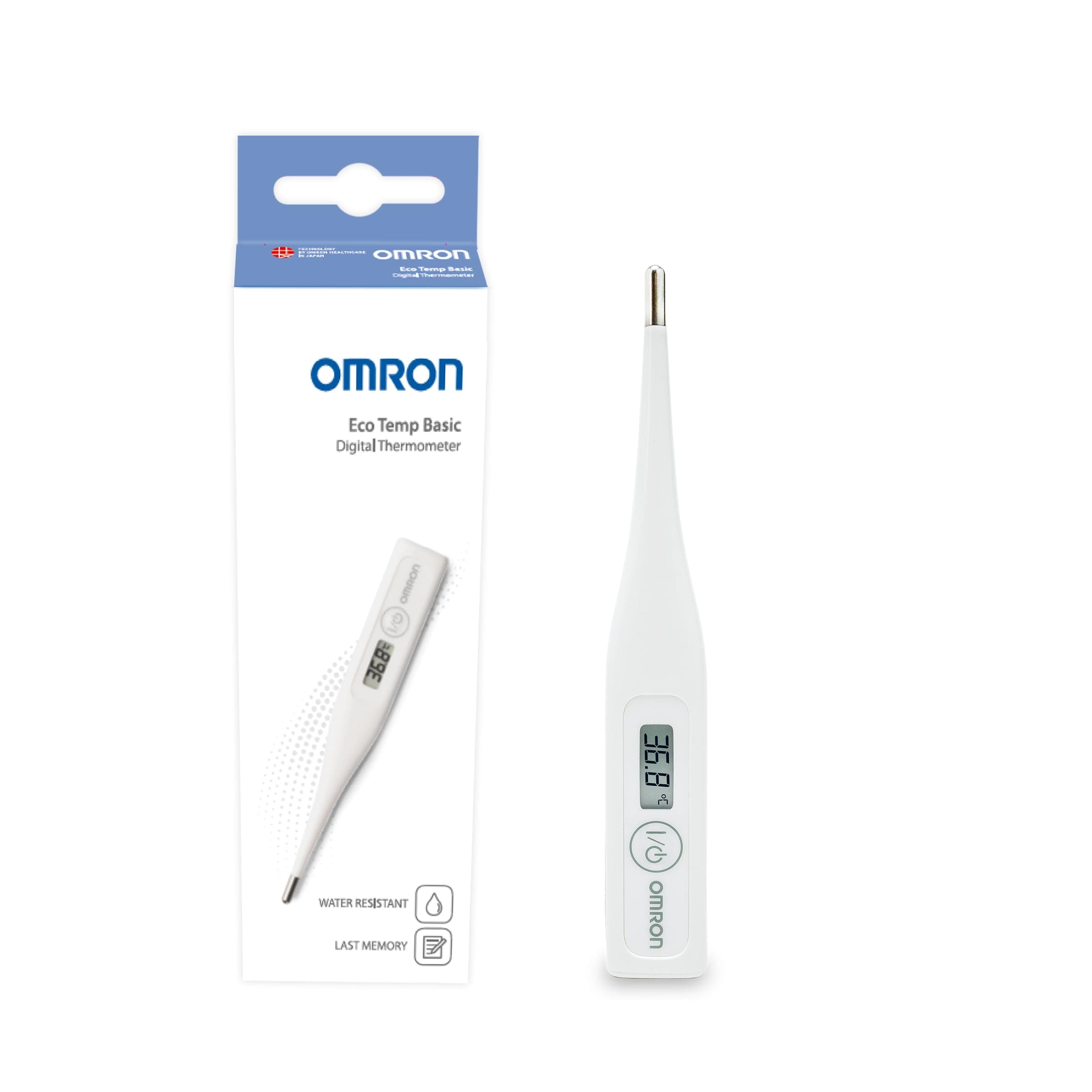 OMRON Eco Temp Basic Digital Thermometer, 3-in-1 measurement, Fast 1 Minute Results Celsius Fahrenheit, Water Resistant Round Tip Thermo-meters for Baby Kids Adults, Memory Night Backlight