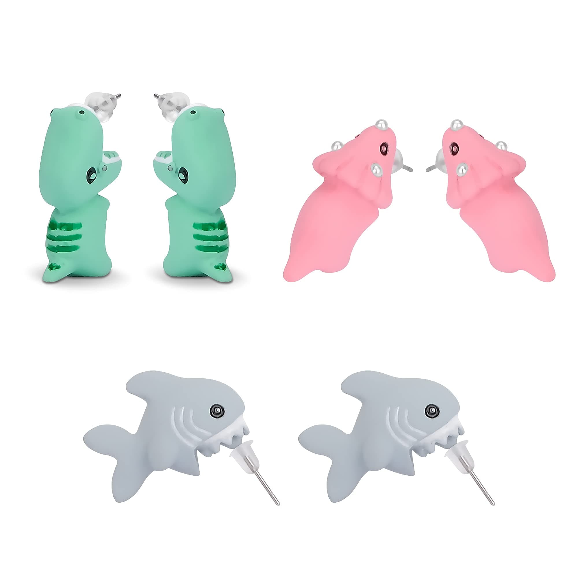 Pure Compression 3 Pair Cute Animal Bite Earrings - 3D Dinosaur Shark Biting Ear Studs - Simple Clay Ear Rings Decors for Women (PX-ABE-3)