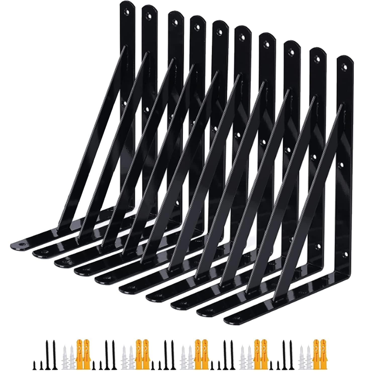 Shelf Bracket 10 PCS Heavy Duty Wall Hanging Brackets with Mounting Hardware for Home Decor & Making Shelf, Wall Mounted Metal Black Shelf Support Angle Brackets (Black, 6 Inch)