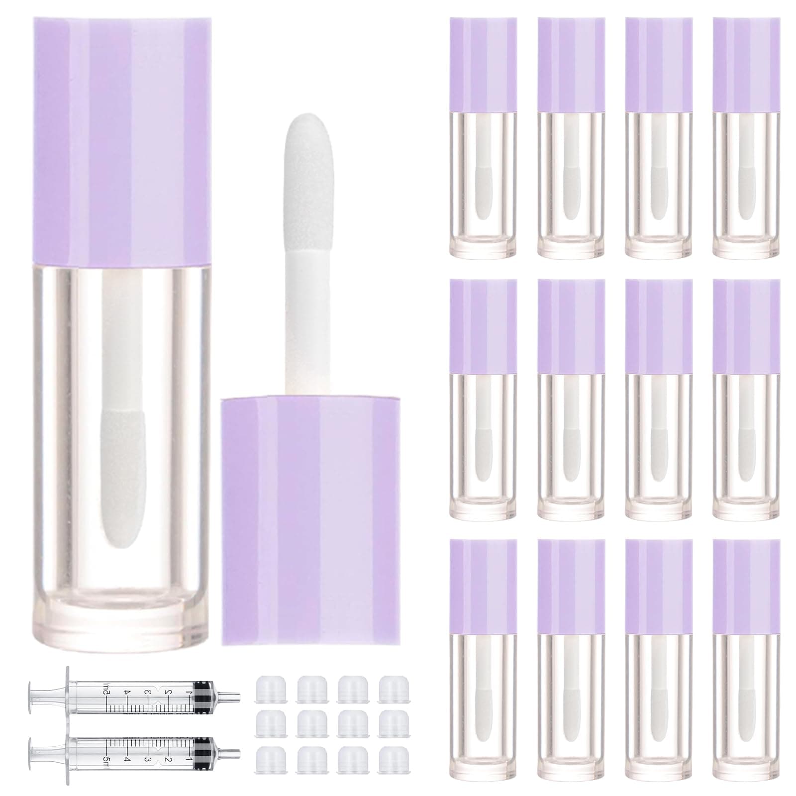 2.5ml 12 PCS Empty Lip Gloss Tubes with Wand Lip Gloss Containers Cute 0.08oz Clear Refillable Lipgloss Making Supplies Kit for DIY Makeup+ 2pcs Syringes (Purple)