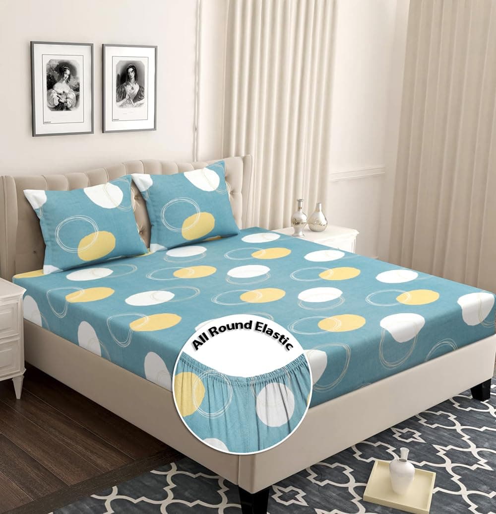 BSB HOME Premium 100% Microfiber Striped Elastic Fitted Bedsheets with 1 King Size Pillow Covers | Double|Queen Bed with All Around Elastic 180 TC Supersoft | Size-78 X 72+10" Grey & White Polkadot