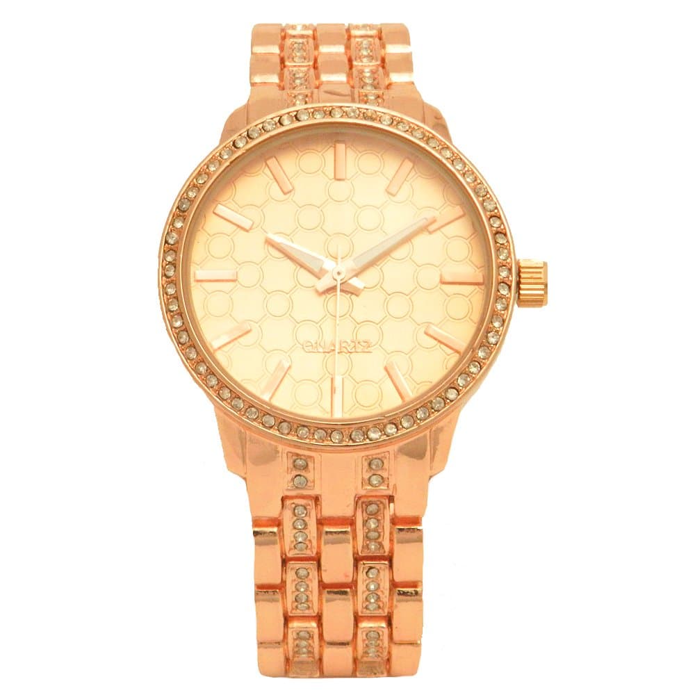 Rose Gold Paved Dial Pattern Design Gem Adorned Fold Over Clasp Double Button Petite Wedding Quartz Watch