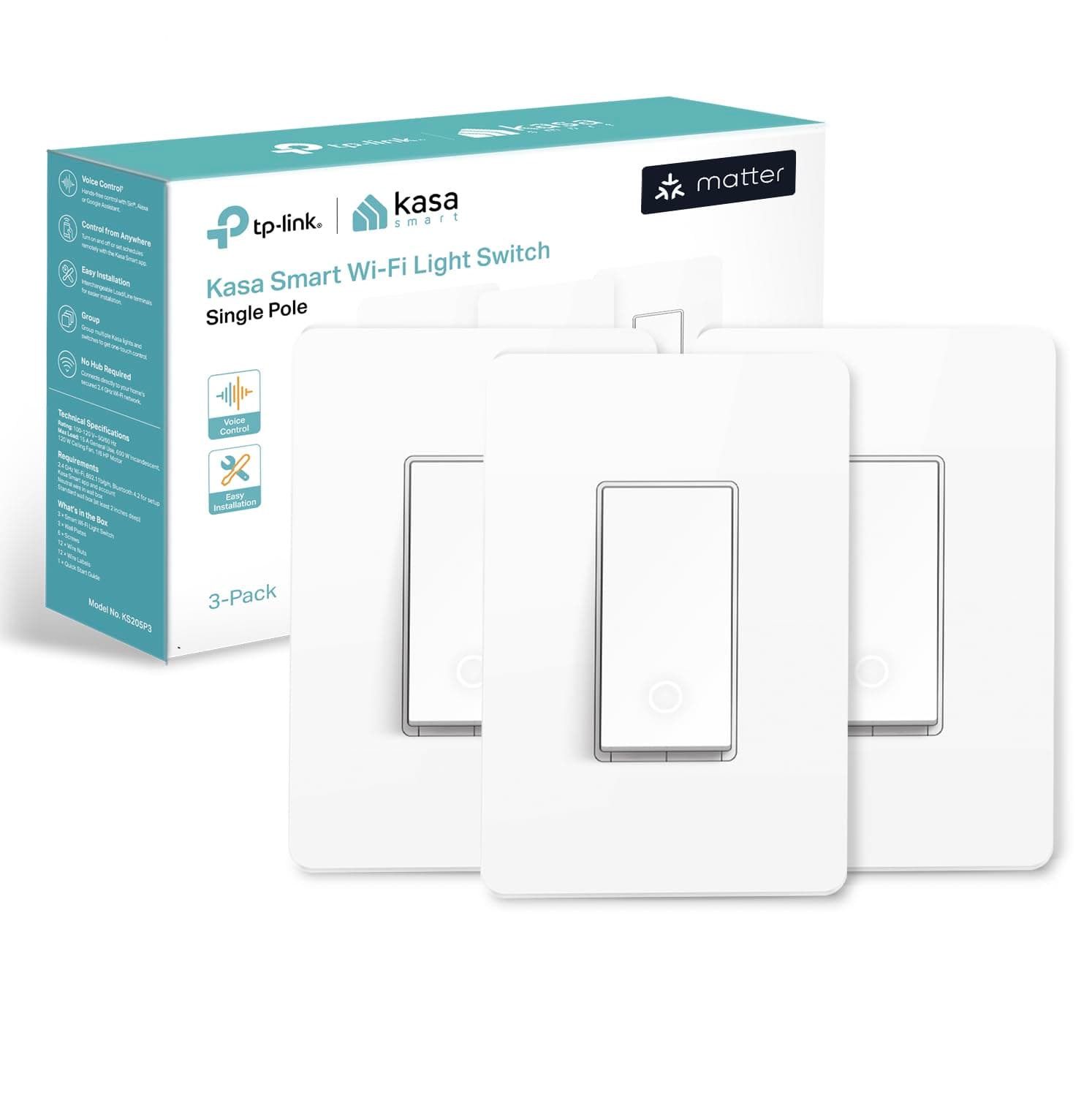 - Kasa Matter Smart Light Switch: Voice Control w/Siri, Alexa & Google Assistant, UL Certified, Timer & Schedule, Easy Guided Install, Neutral Wire Required, Single Pole, 2.4GHz Wi-Fi, 3-Pack