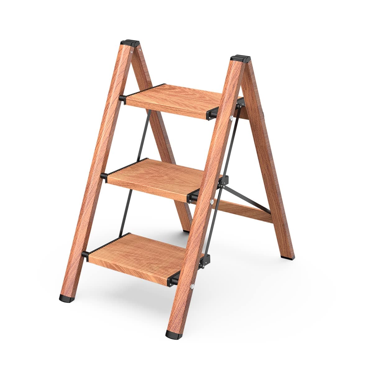 3 Step Ladder, Aluminum Folding Step Stool with Anti-Slip Sturdy and Wide Pedal, Lightweight Portable Stepladder for Home and Kitchen Use Space Saving, Woodgrain, 330 lbs