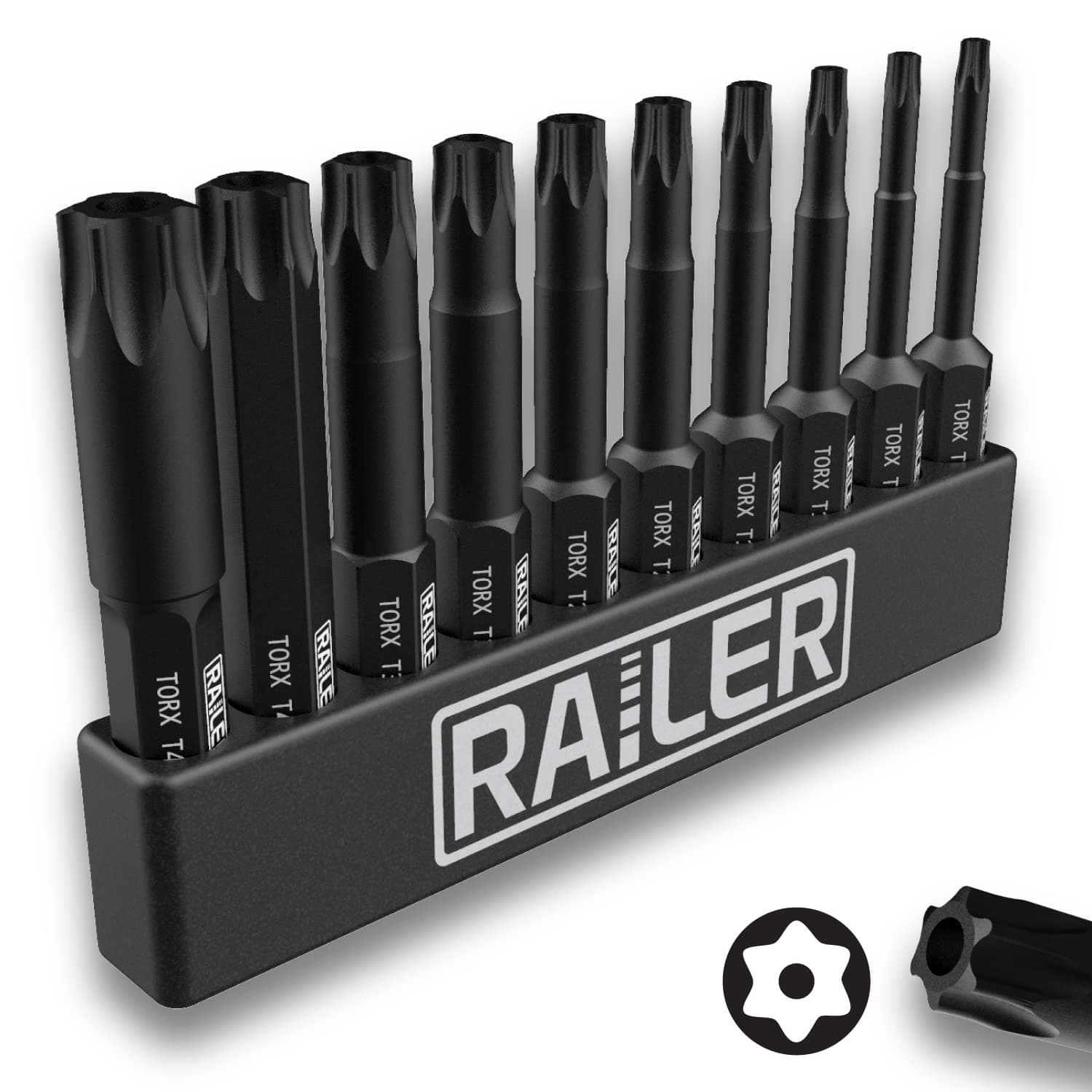 Tamper Proof TORX Bit Set - Premium S2 Steel 6 Point Security Screwdriver Bit Set with a Bitrail - Precision CNC Machined 10PC 2" Star Bits Set (T8, T9, T10, T15, T20, T25, T27, T30, T40, T45)
