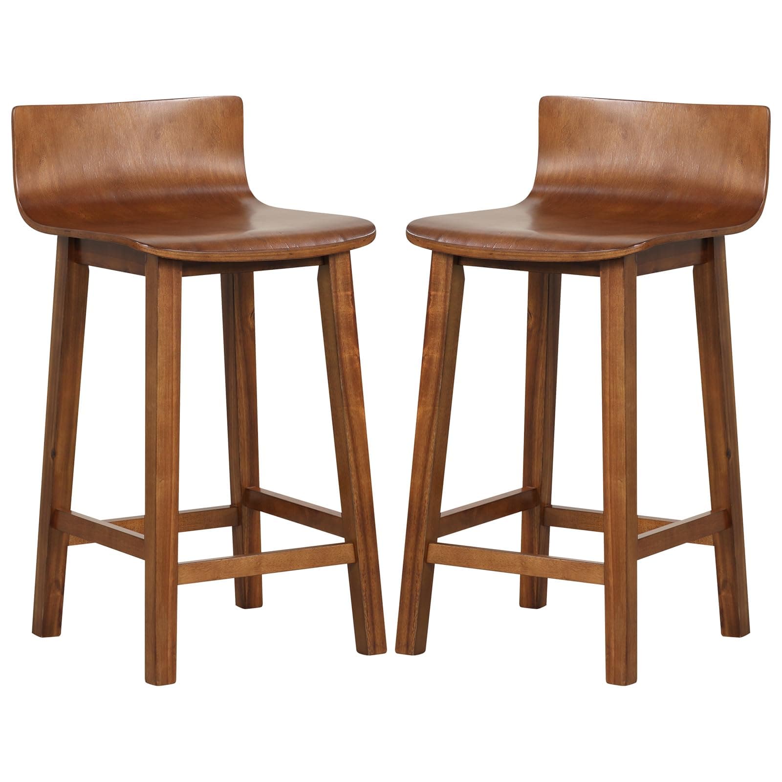 COSTWAY Solid Wood Bar Stools Set of 2, 24.5-inch Counter Height Chairs with Low Back and Footrest, Farmhouse Wooden Armless barstools for Kitchen Island, Dining Room, Cafe, Breakfast, Brown