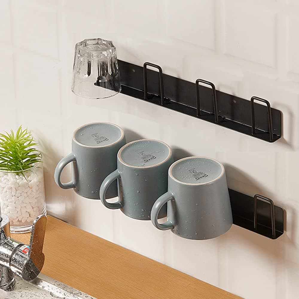 BAIEUEJO 2pcs Mug Hooks Wall-Mounted Mug Holder, Coffee Cups Holder Hanger no Drilling,Mug Rack Hooks with 4 Cup Holders,RV Must Haves Cups Storage Hooks for Kitchen,Living Room,Office (Black)