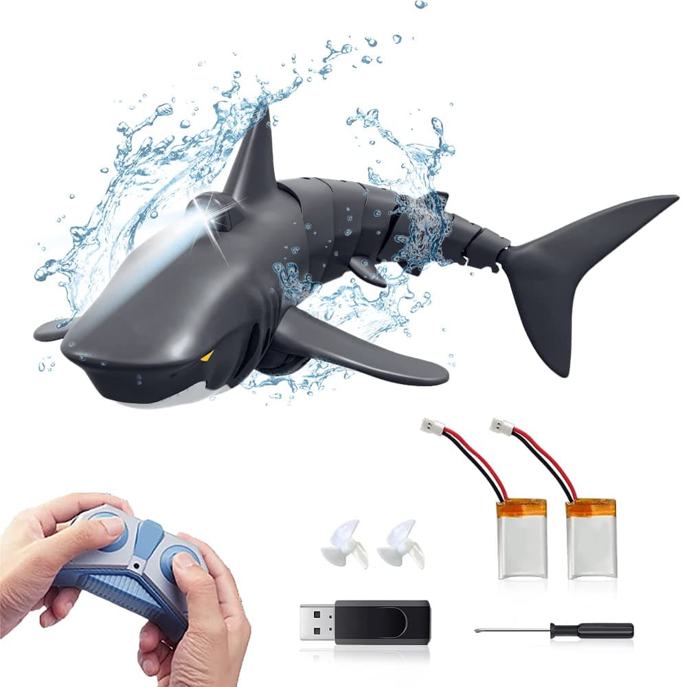 Masroo 2.4G Remote Control Shark Toy 1:18 Scale High Simulation Shark Shark for Swimming Pool Bathroom Great Gift RC Boat Toys for 5+ Year Old Boys and Girls (with 2 Batteries)