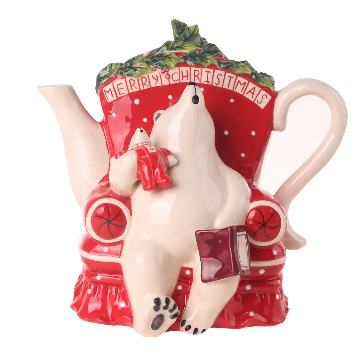 10.25" X 7.5" X 9.5" Merry Christmas Bear Teapot, Red/White