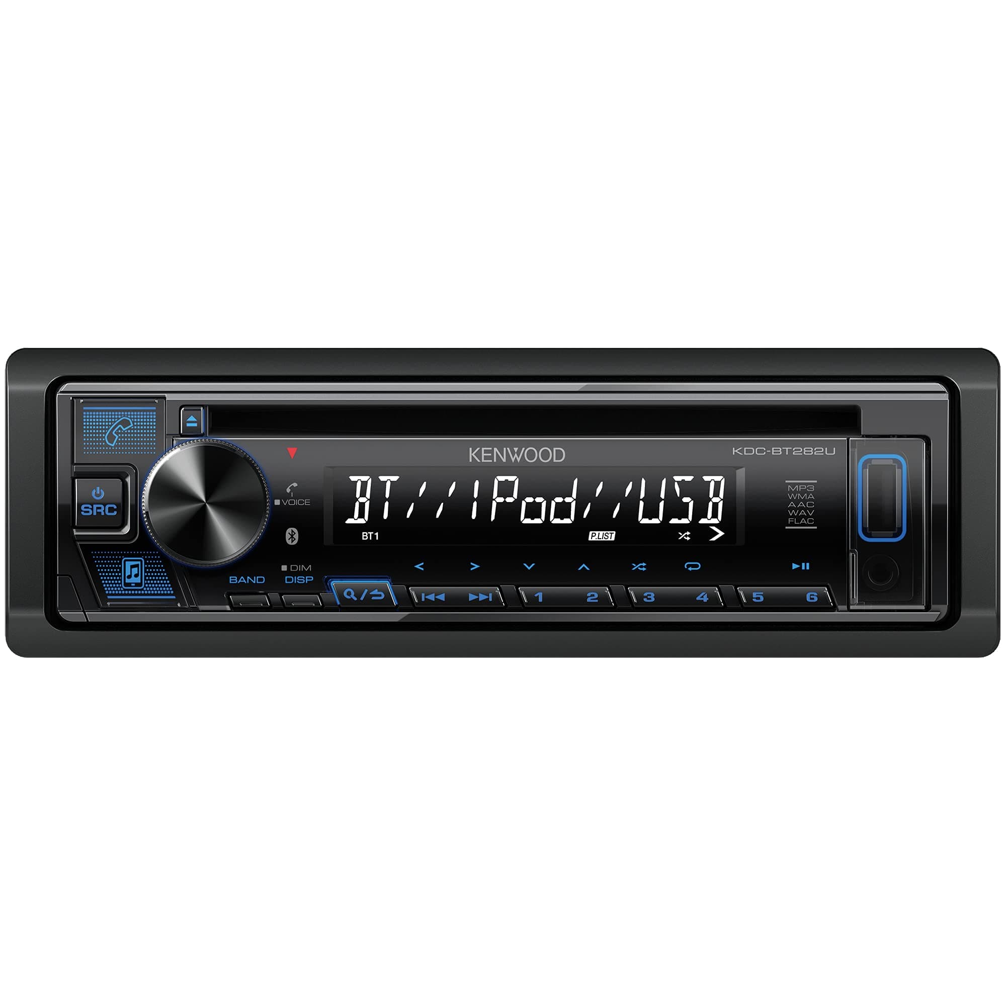 KDC-BT282U CD Car Stereo - Single Din, Bluetooth Audio, USB MP3, FLAC, Aux in, AM FM Radio, Detachable face with White 13-Digit LCD Display and Blue Button Illumination