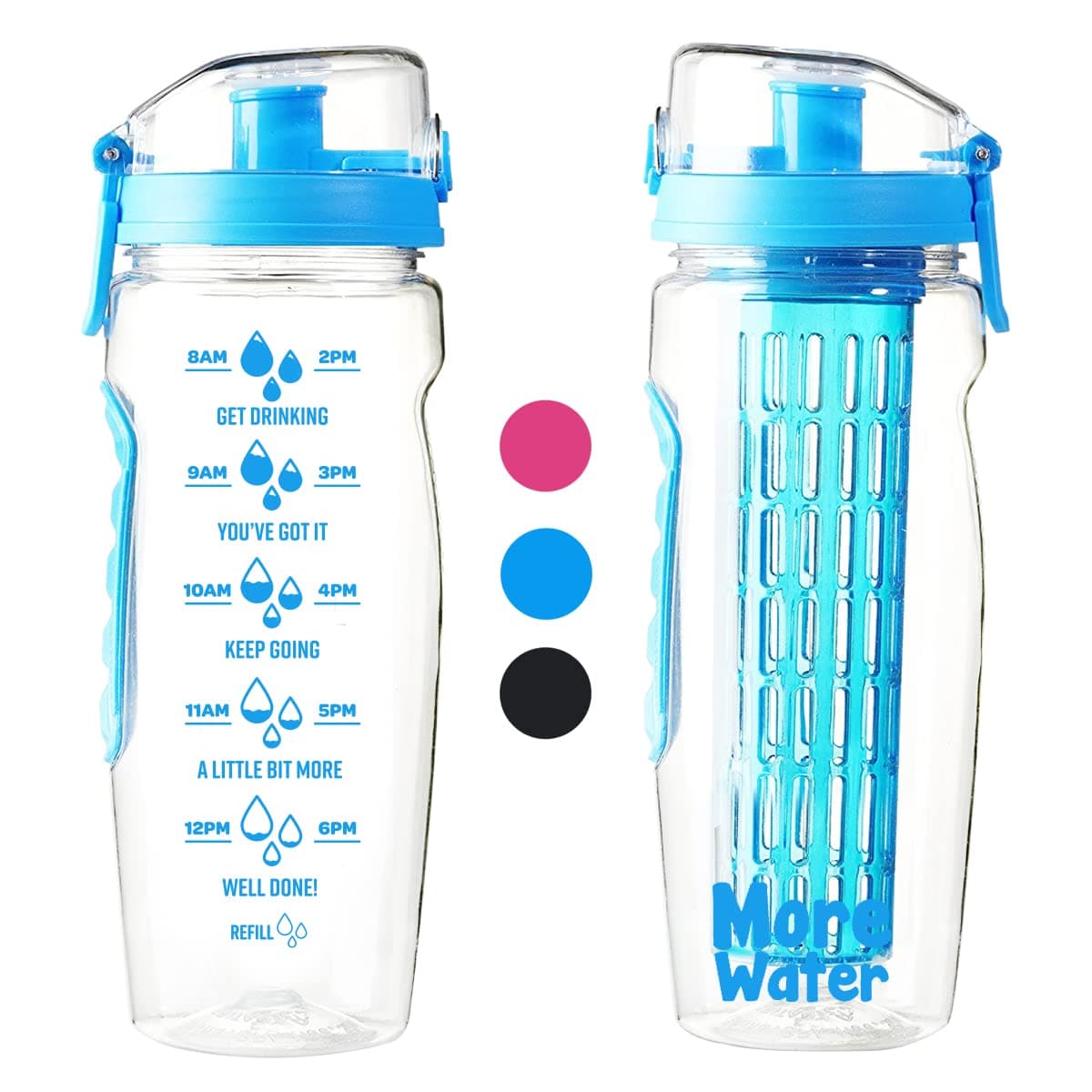 Water Bottle With Fruit Infuser + Time Markings - Motivational Diffuser Litre Drinking Bottles - Times To Drink