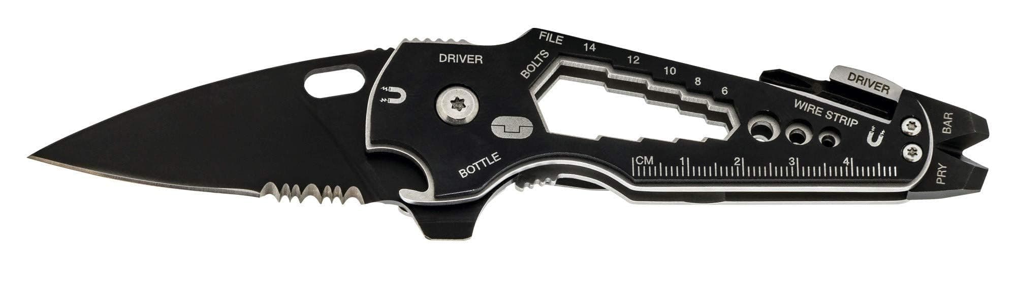 SmartKnife+ | Multitool Handle with Small, Medium and Large fFlat Driver, Magnetic ¼” Bit Driver and Holder, File, Wire Strippers, Rulers, Wrenches, Pry Bar, Pocket Clip and Bottle Opener
