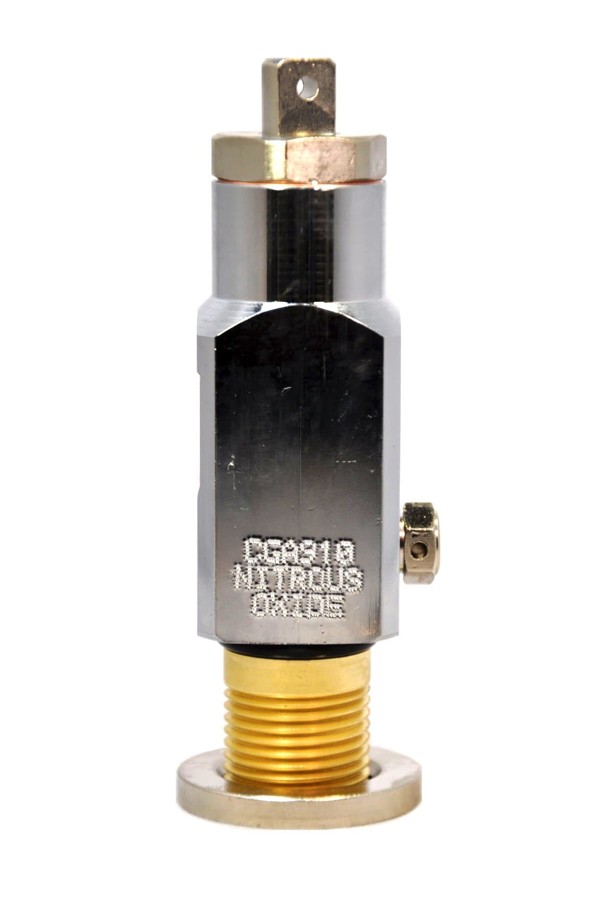 Relief Valve, CGA 910 Pin Index Outlet, CG-1 Type PRD, 3/4"-16 UNF-2A Inlet Thread, 3360 PSI Pressure Relief Device, Chrome Plated Material