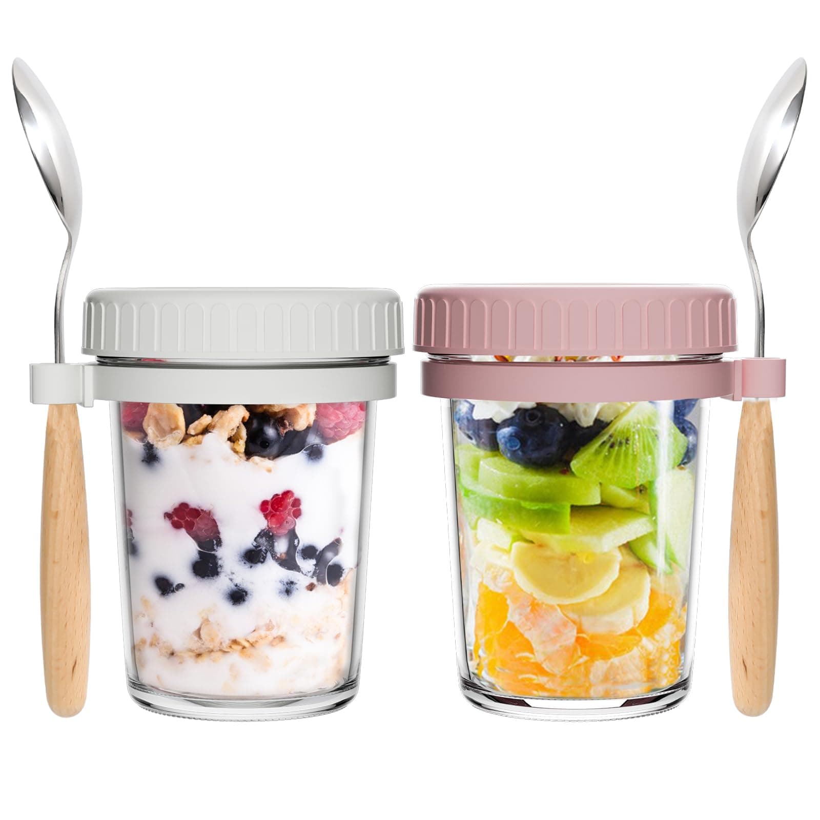 2 Pack Overnight Oats Jars with Lids and Spoon, 350ml Airtight Breakfast Jars with Measurement Marks, 12 oz Chia Seed Pudding Container for Salads, Cereal, Milk, Porridge, Fruit ,Yogurt White& Pink