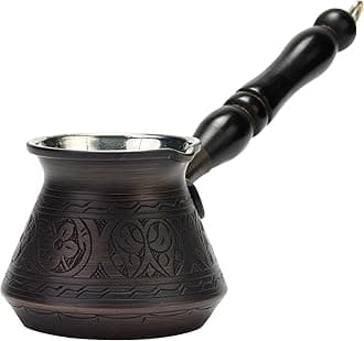 DEMMEX 2mm Thickest Copper Turkish Greek Arabic Coffee Pot Engraved Stovetop Coffee Maker Cezve Ibrik Briki with Wooden Handle & Spoon, for 3 People (Antique Copper)