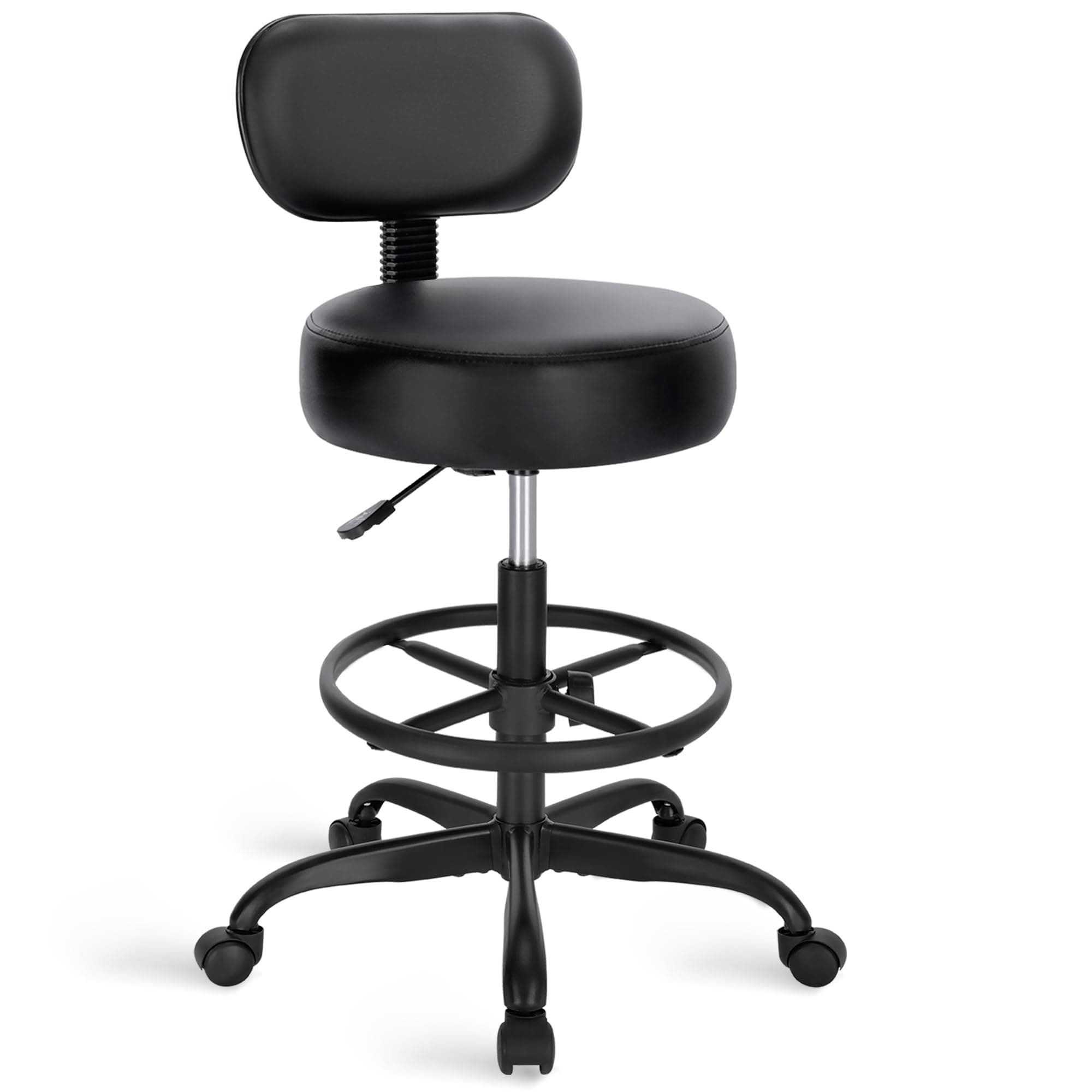 SUPERJARE Drafting Chair with Back, Adjustable Foot Rest Rolling Stool, Multi-Purpose Office Desk Chair, Thick Seat Cushion for Home Bar Kitchen Shop - All Black