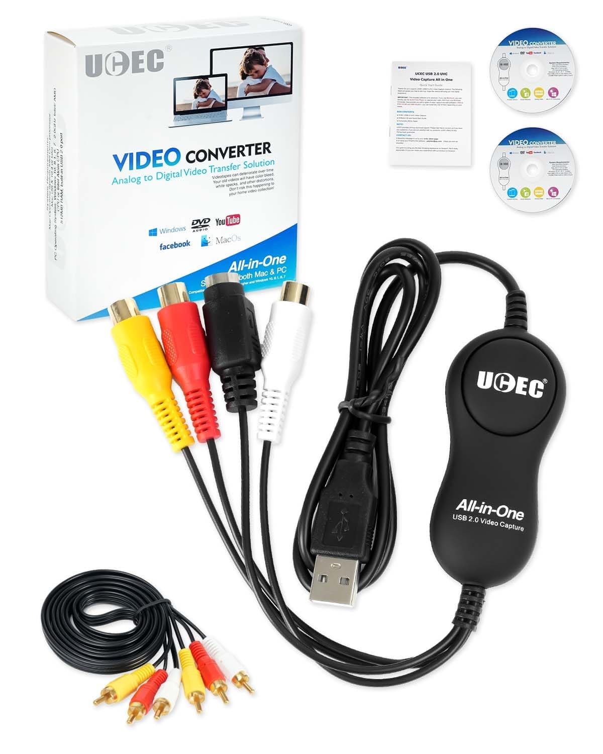 UCEC USB 2.0 Video Capture Card Device, VHS VCR TV to DVD Converter for Mac OS X PC Windows 7 8 10 11