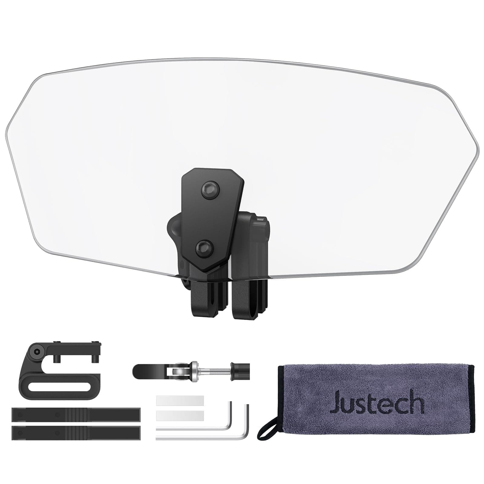 Justech Universal Motorcycle Windshield, Adjustable Wind Deflector Clip On Windshield Extension Spoiler Wind Air Deflector for Kawasaki BMW Triumph Motorbike-Transparent, Black Bracket