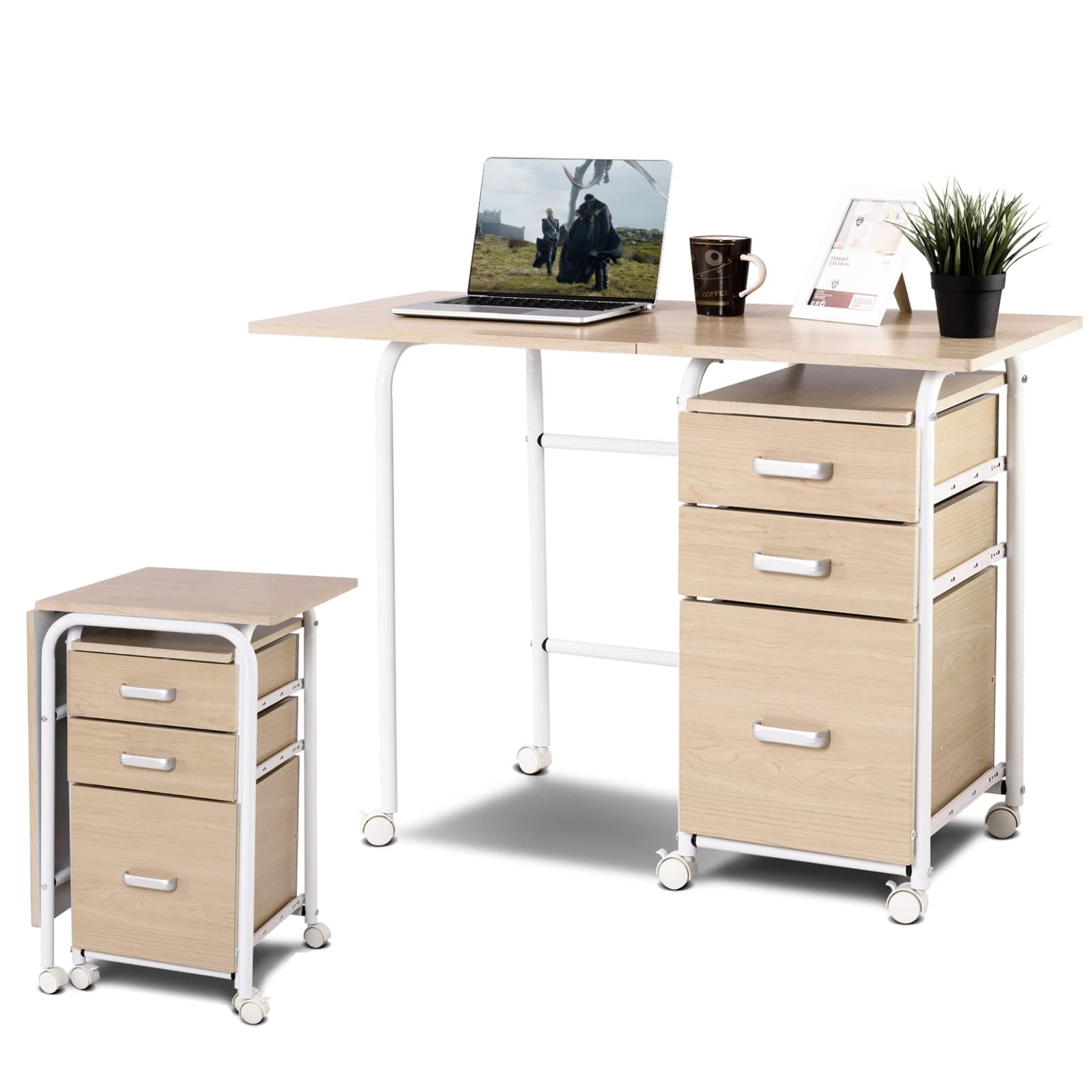 2-In-1 Folding Computer Desk, Mobile PC Laptop Table with Open Shelves/3 Drawers, Home Office Writing Desk Computer Workstation (Oak, 105 x 50 x 75cm)