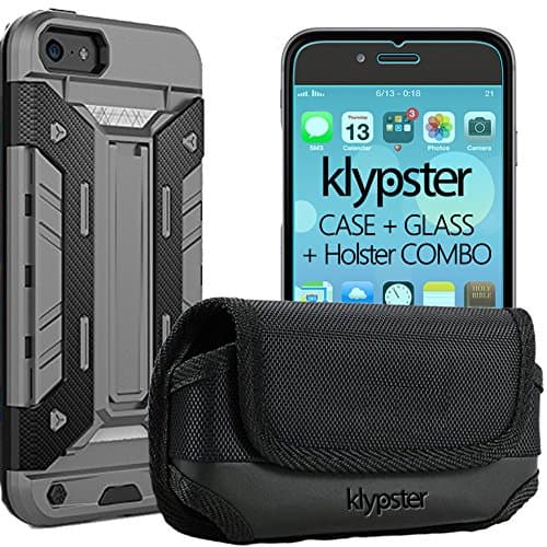iPhone 5 SE Case, iPhone 5S Case Klypster Heavy Duty [Tempered Glass Combo] Holster Belt Clip Case Cover For iPhone SE iPhone 5S / 5 with Kickstand and Belt Clip Pouch Holder Holster Nylon PU Leather