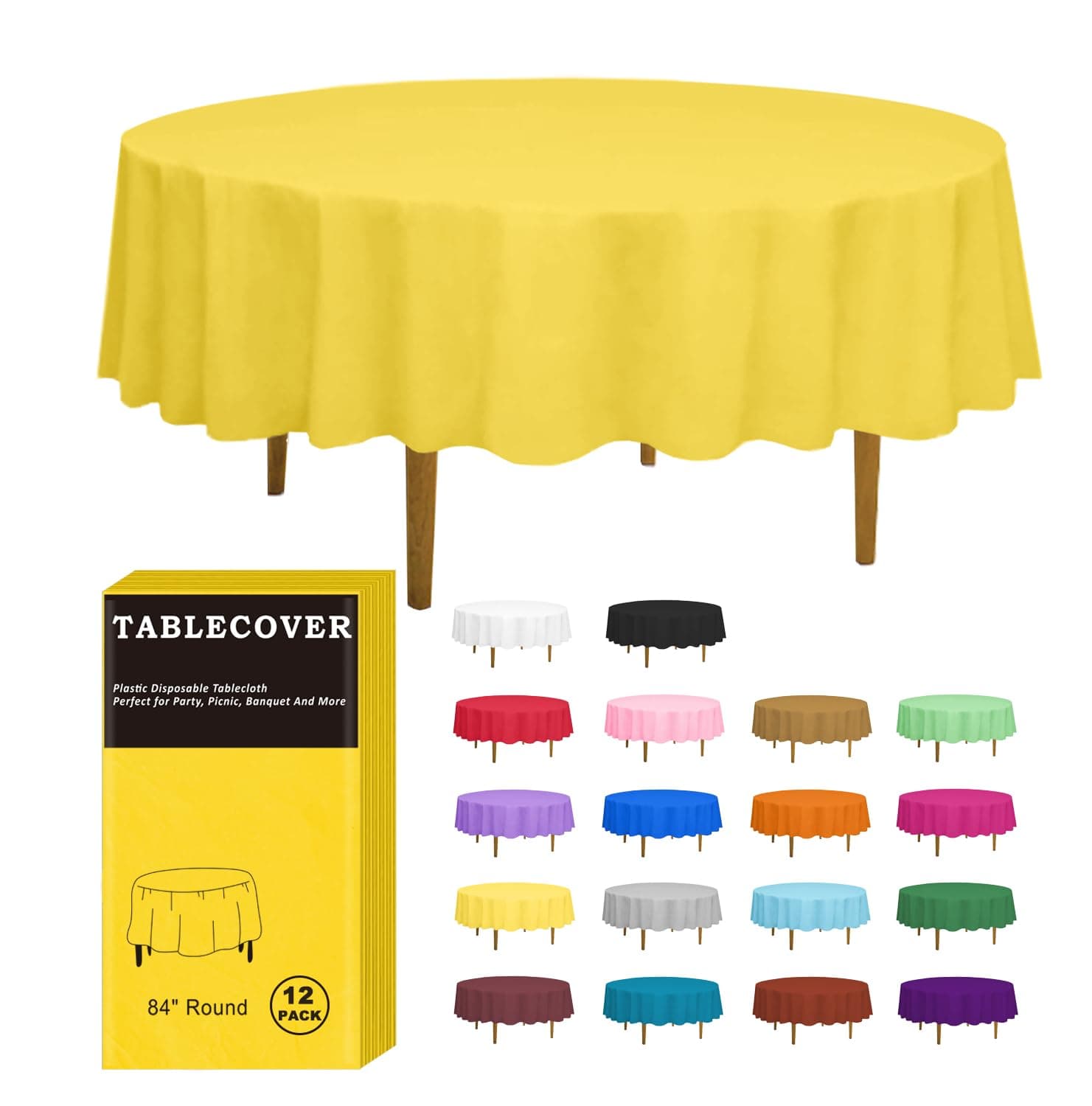 D&Z Plastic Tablecloth Disposable, 12 Pack Yellow Individually Wrapped for Indoor & Outdoor, On-The-Go 84" Round Table Cover Ideal for Party, Birthday, Wedding and Dinner