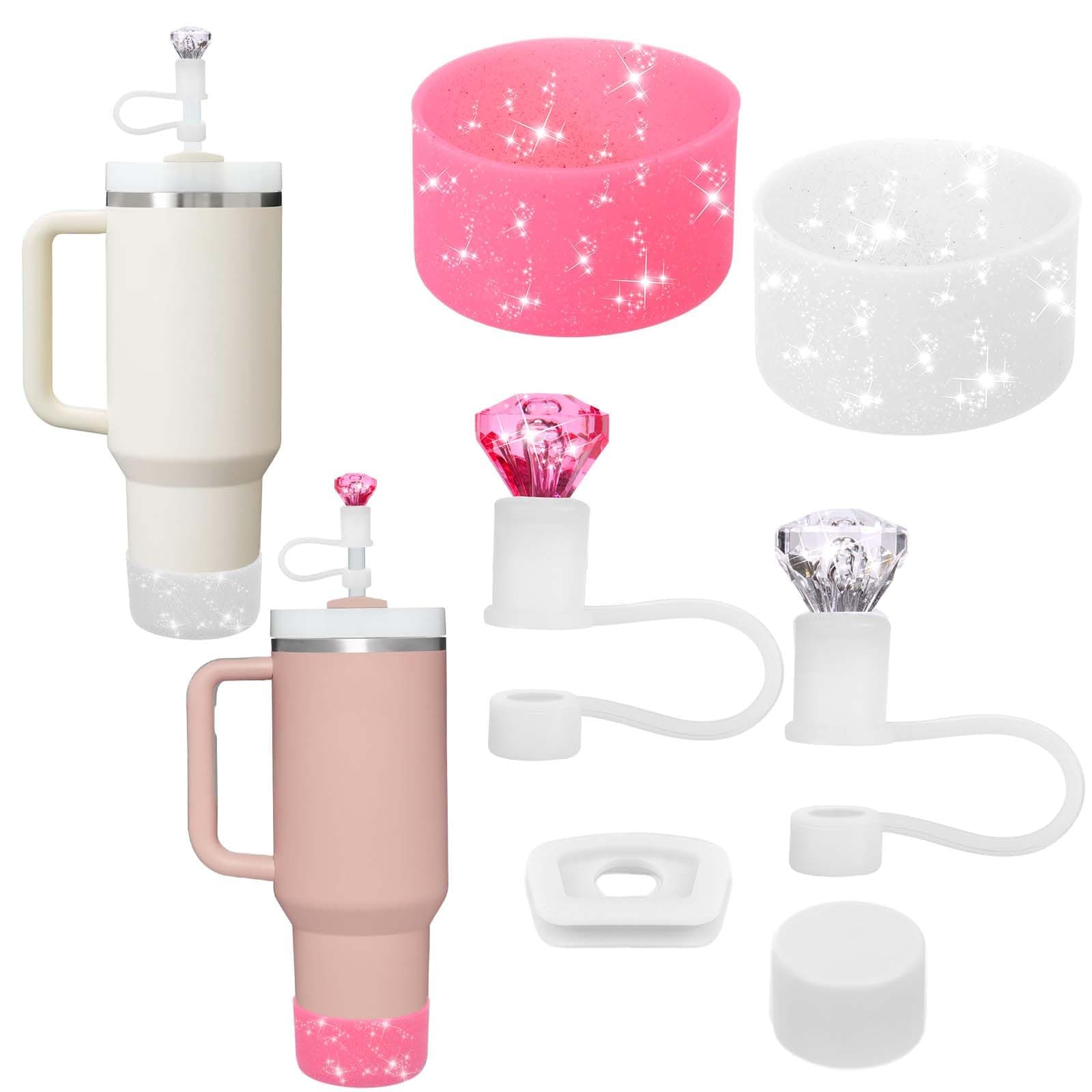 Mity rain Set for Stanley Cup Accessories, Including 2Pcs Diamond Straw Topper, 2 Pcs Silicone Spill Proof Stopper, 2Pcs Protective Glitter Silicone Boot, Pink and White Set for Stanley Cup 40/30 OZ