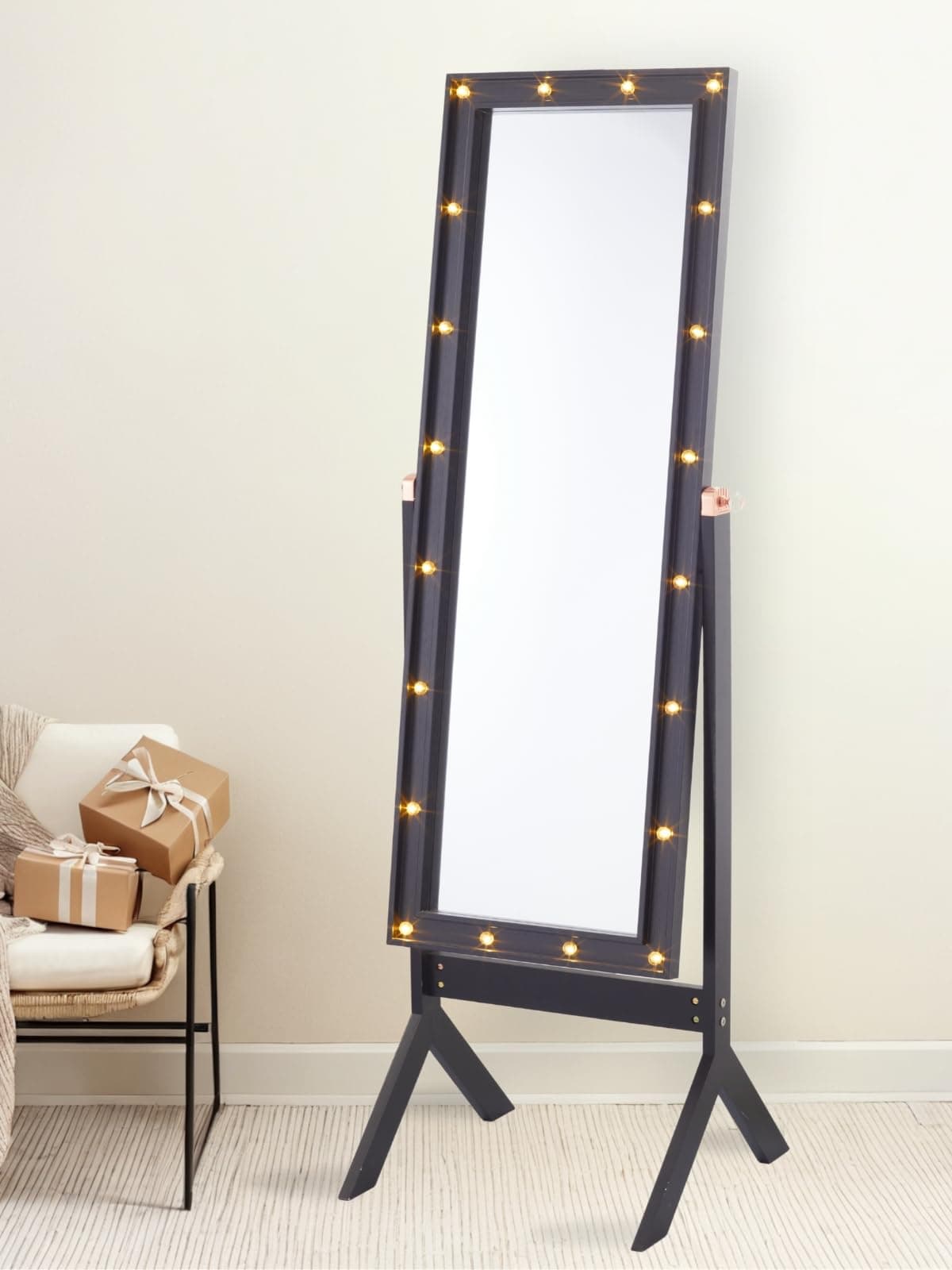 LUXFURNI Floor Full Length Mirror with Stand, Free Standing Full Body Cheval Mirror with Lights for Bedroom (Black)