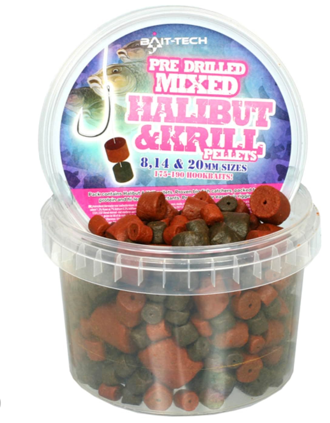 Bait-Tech Pre-Drilled Halibut & Krill Pellets Mixed Sizes (300g) Fishing Bait
