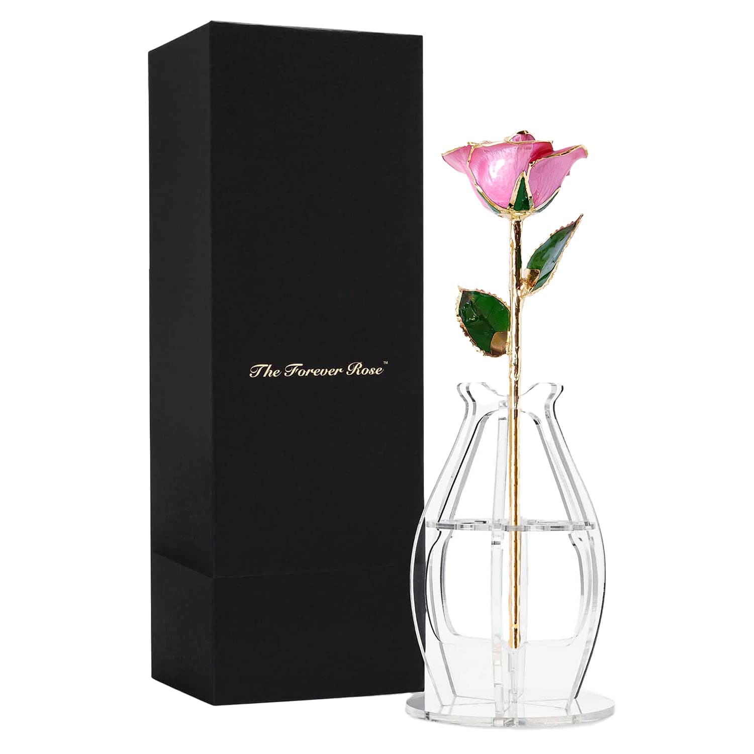 Forever RoseBloom Box and Phantom Vase Bundle, Real 24K Gold Trimmed Bloomed Pink Rose, One of A Kind & Everlasting 24K Gold Dipped Rose, Unique Romantic Gifts for Women & Men