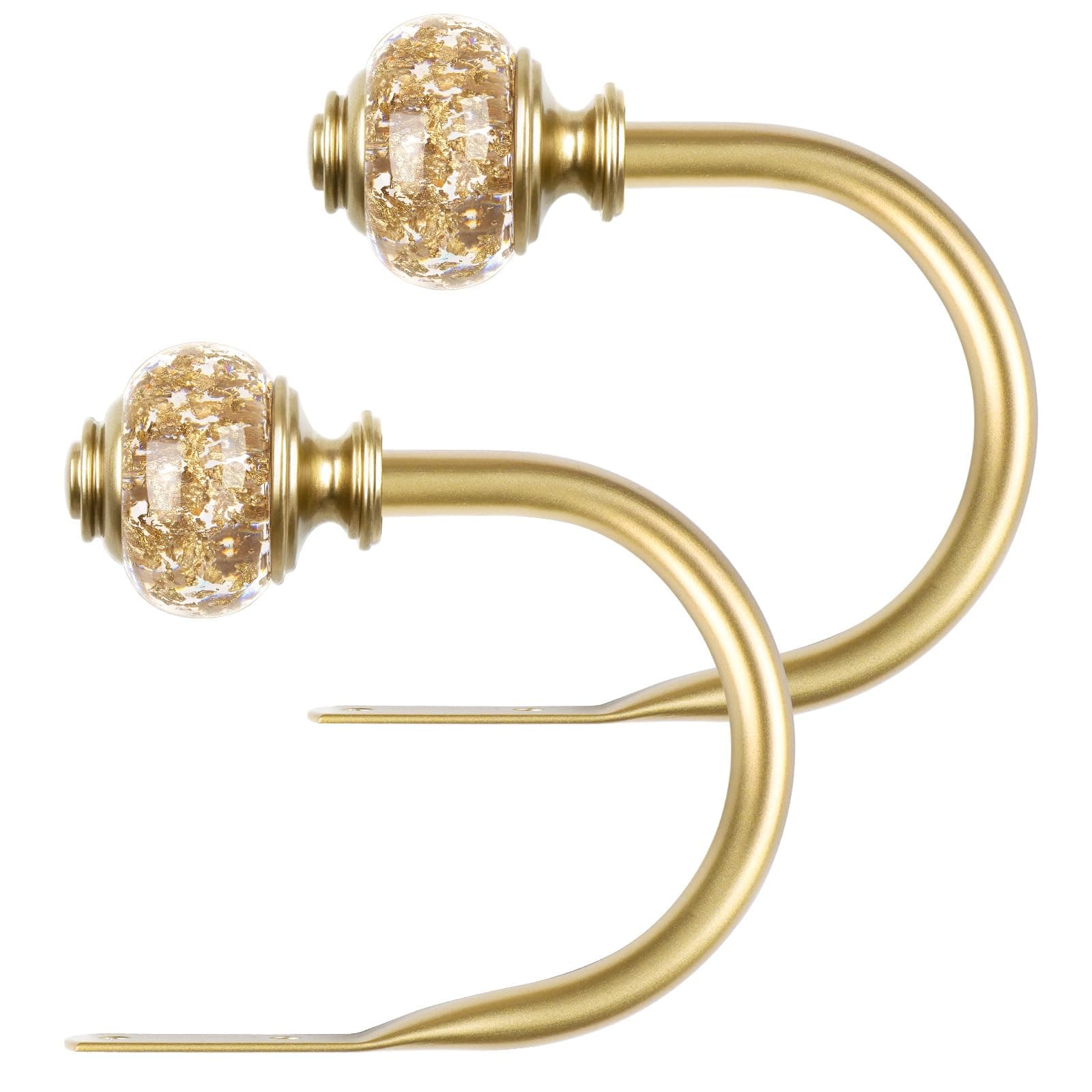 2 Pack Curtain Holdbacks, USFOOK Decorative Window Drapery Tiebacks (2 Pack/1 Pair), Curtain Tie Back Hooks for Wall with Gold Translucent Finials (3.95" L x 3.4" W)