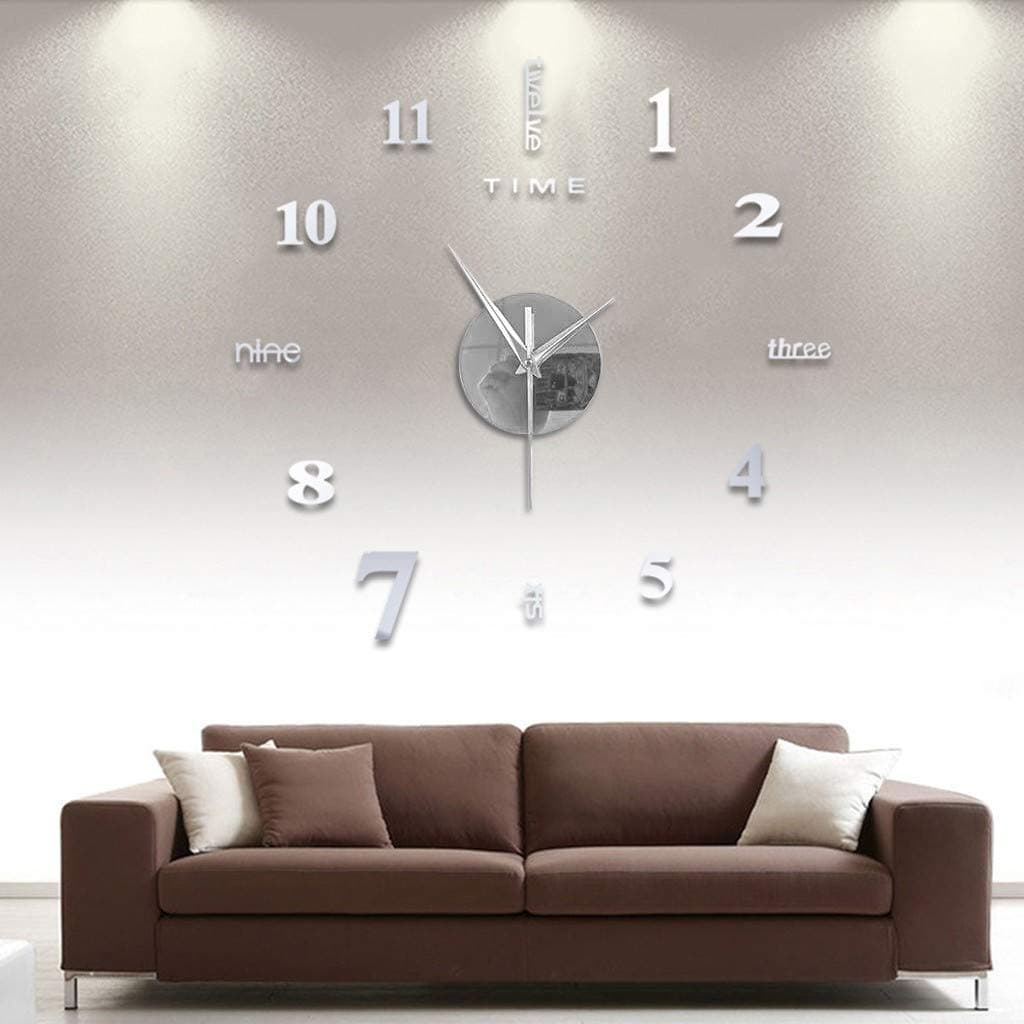 DIY 3D Acrylic Digital Clock - Frameless, Large Modern Stick-on Wall Clock for Living Room, Kitchen, Bedroom or Office - Silver