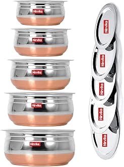 Stainless Steel Copper Bottom Handi with Lid Serving Dinner Bowl Patila Tapeli Set of 5 Pieces Cookware Set Handi Size: 500 ML, 800 ML, 1000 ML,1200 ML,1500 ML,