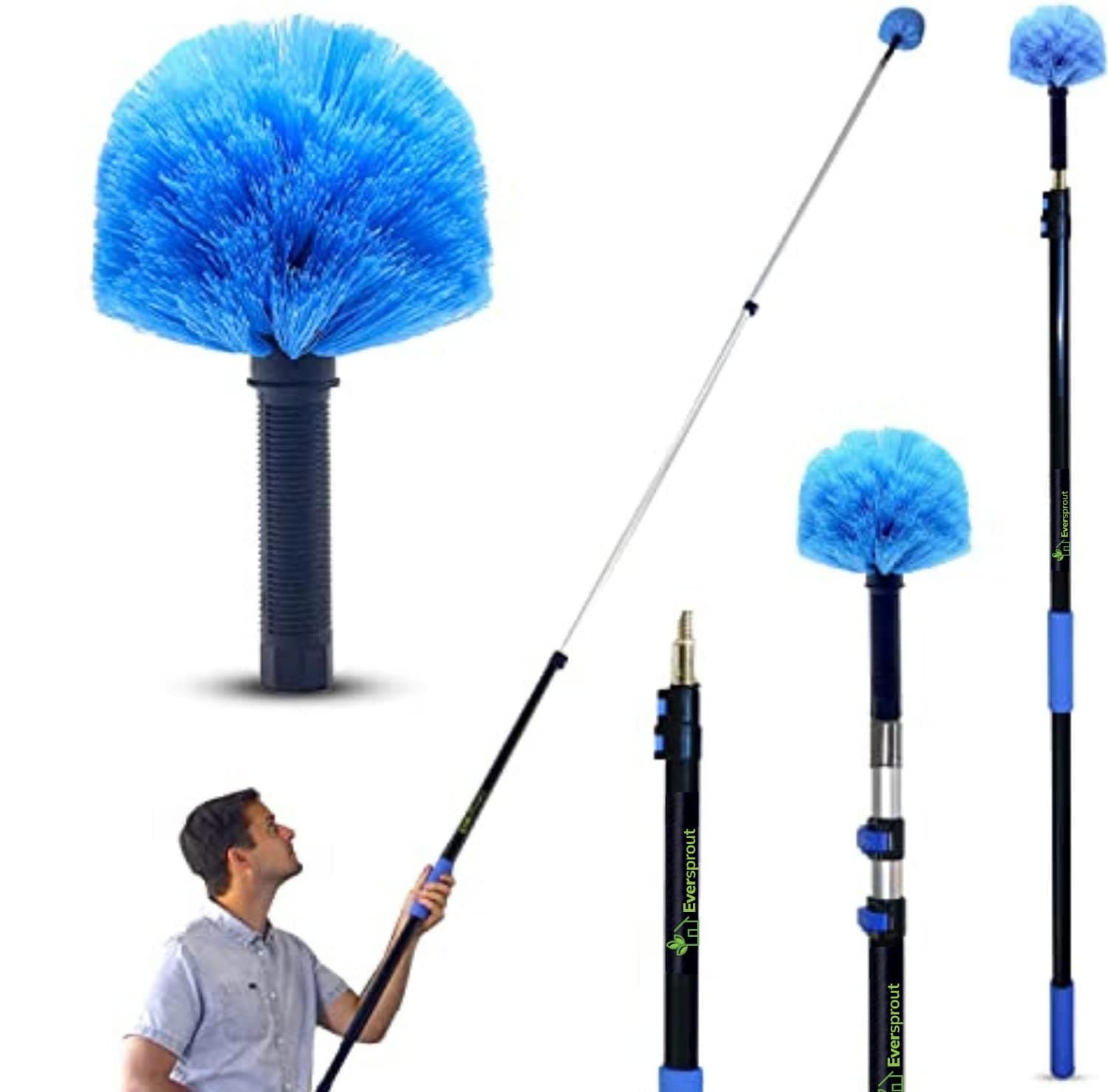 5-to-12ft Telescoping Durable Duster with Extension Pole – Lightweight 3 Stage Cobweb Duster – Extendable to 20ft Reach for Cleaning High Ceilings and Spider Webs