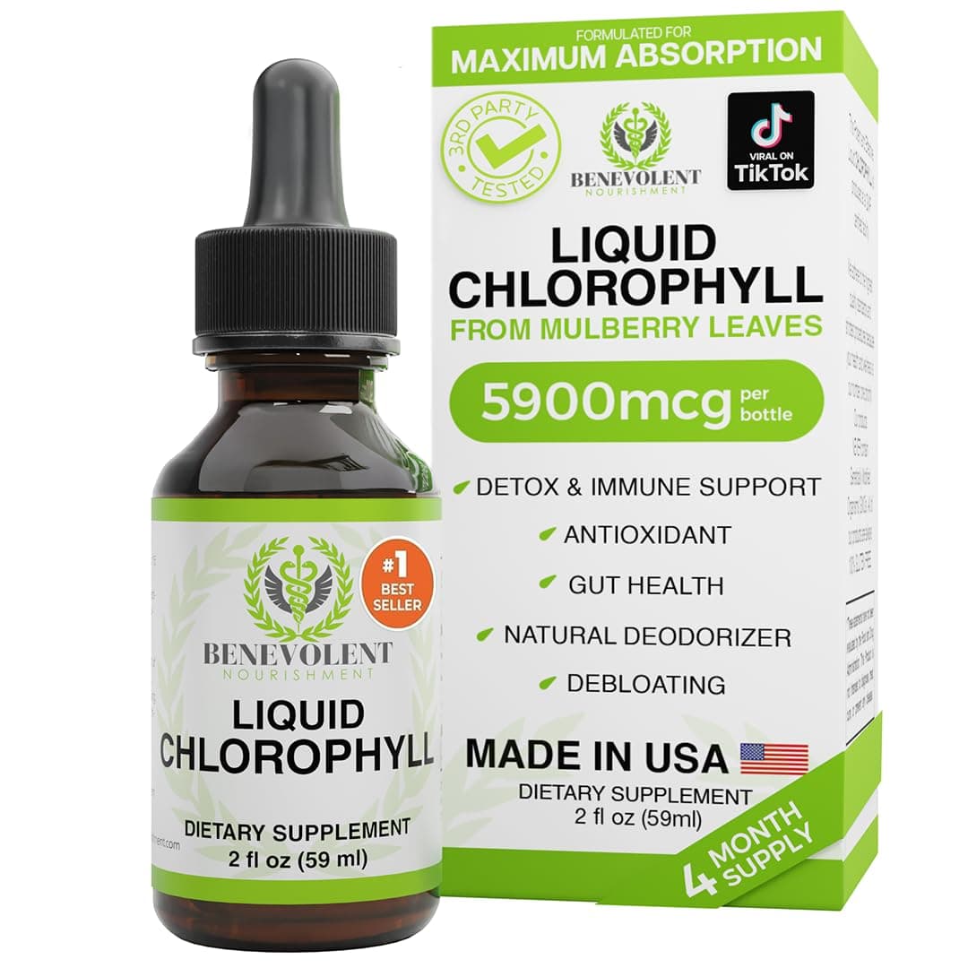 Benevolent Nourishment Chlorophyll Supplement, Detox & Immune Support, Internal Deodorizer - Liquid Drops, Natural Mint Flavor, 4 Month Supply, 59ml