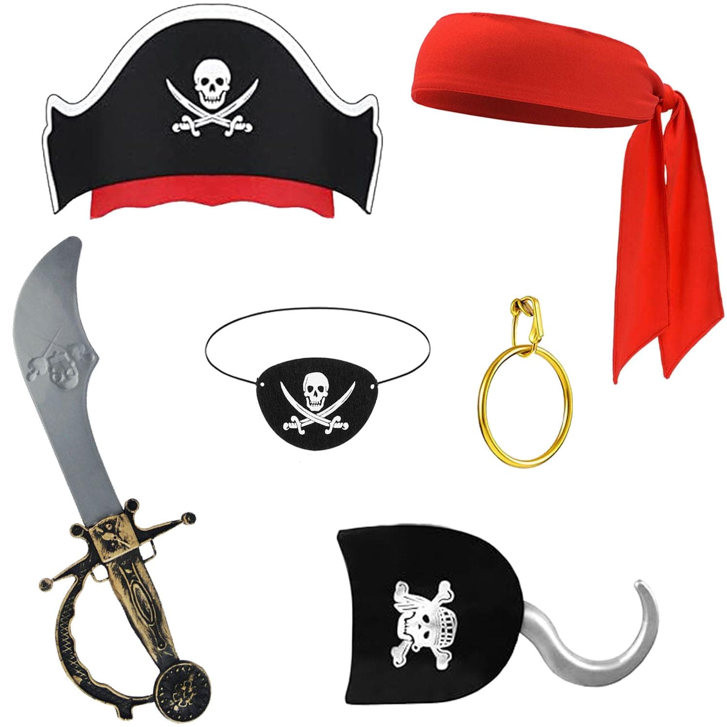 6 Pcs Pirate Accessories Include Pirate Headband Hat Eye Patch Hook Costume Accessories Halloween Priate Party Supplies