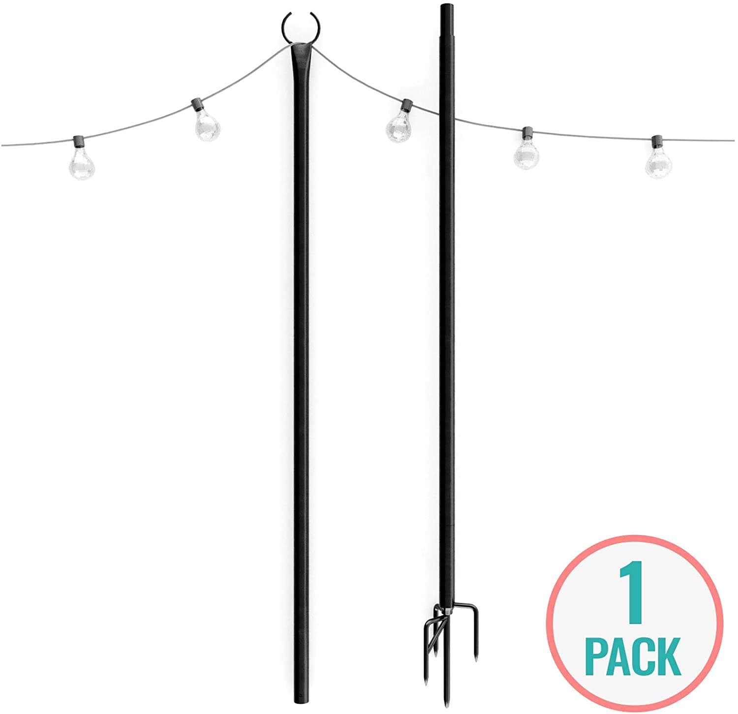 String Lights Pole for Outdoors (1 x 9ft) – Push Connection with 4-Prong Long Fork to Stay Straight - Steel Powder Coated Rust-Free for Hanging Decorations Ornaments LED Solar String or Fairy Lights