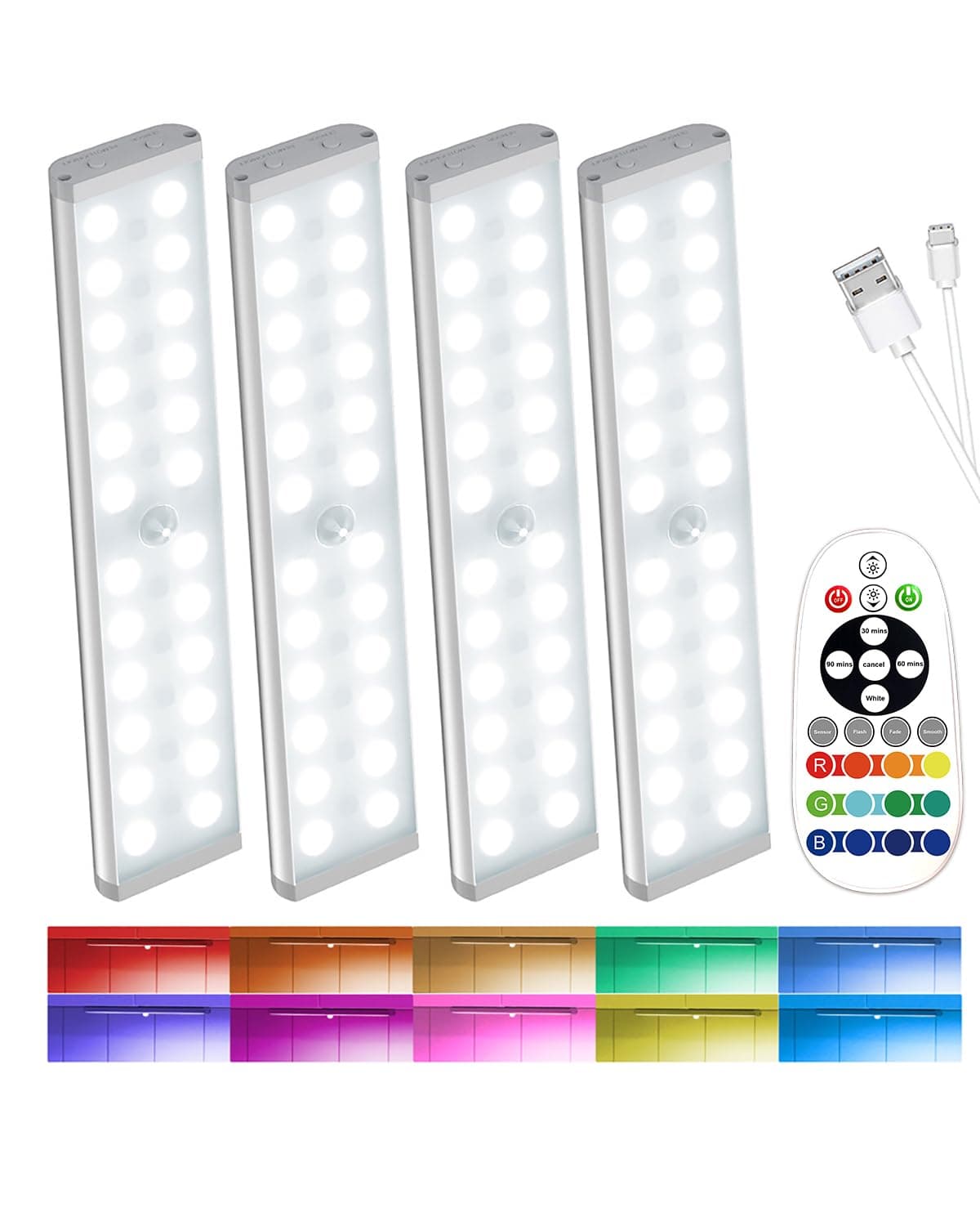 SZOKLED 58-LED Under Cabinet Lighting Wireless, RGB Motion Sensor Night Lights, 1100mAh Magnetic Under Cabinet Lights for Kitchen, Shelf, Stair, 15 Color (4 Pcs)