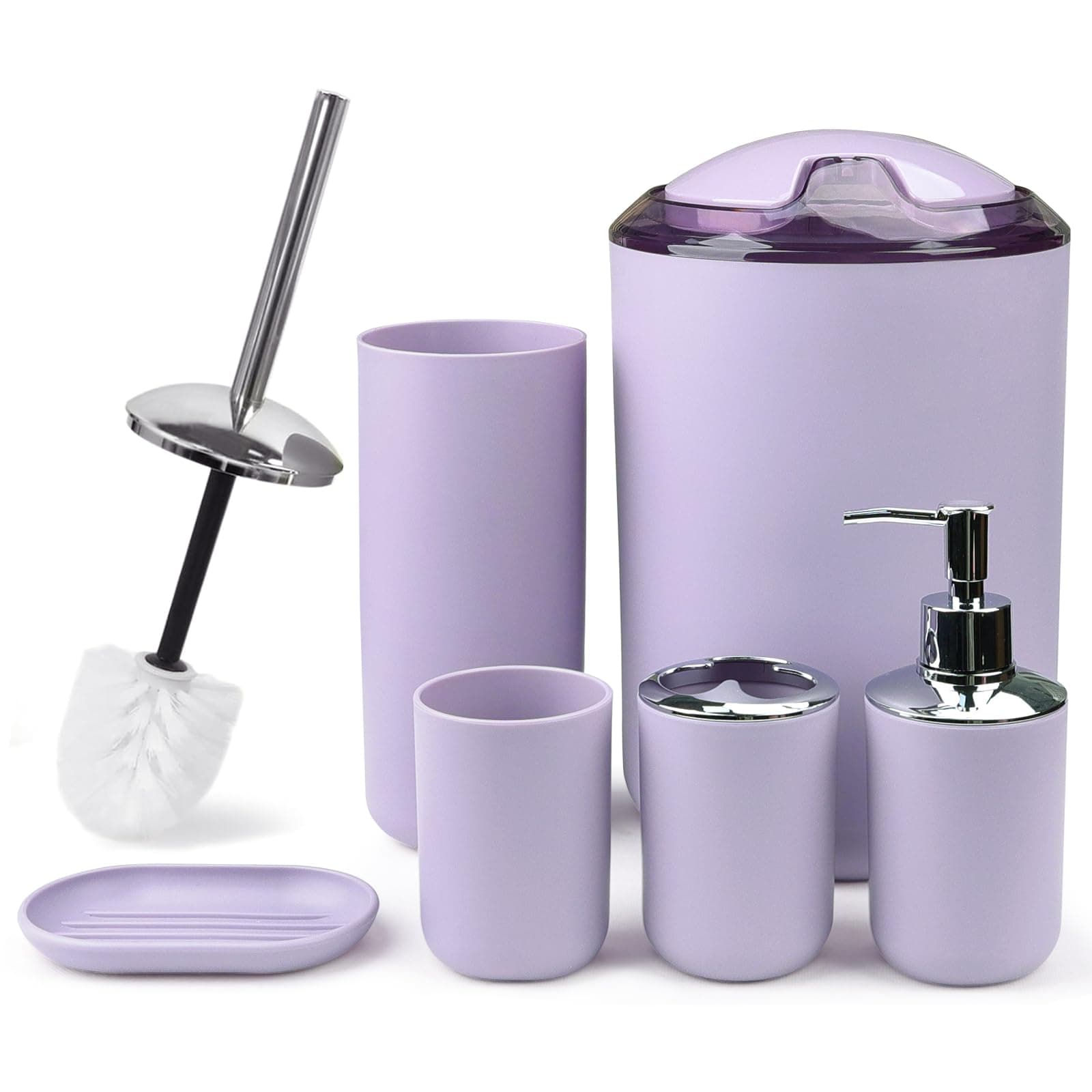 CERBIOR Bathroom Accessories Set 6 Piece Bath Ensemble Includes Soap Dispenser, Toothbrush Holder, Toothbrush Cup, Soap Dish for Decorative Countertop and Housewarming Gift (Purple)