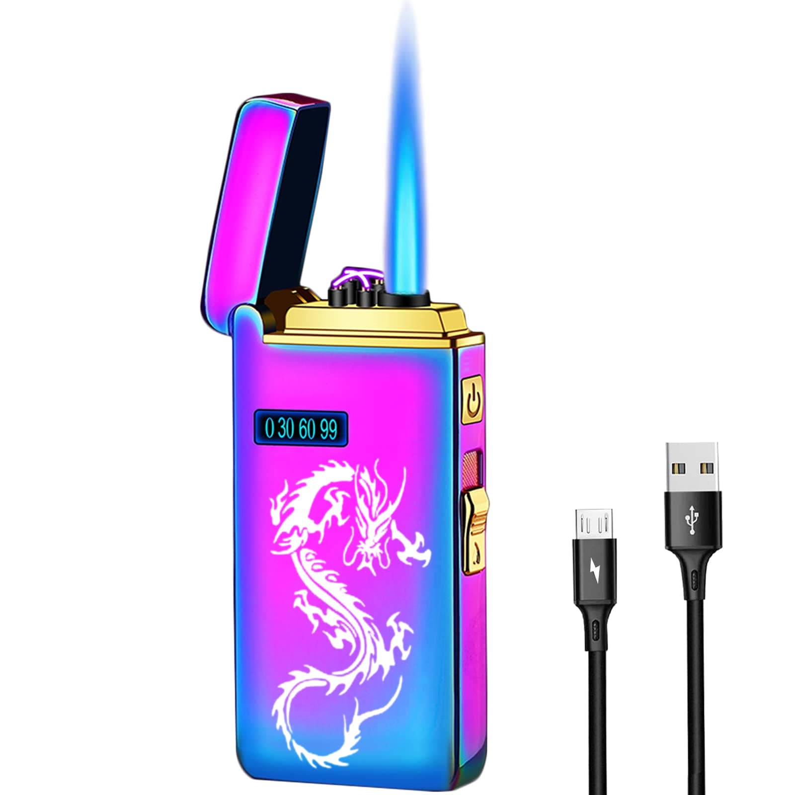 Arc Jet Flame Torch Lighter - 2 in 1 Electronic Refillable Butane, USB Rechargeable With Battery Indicator, Windproof Infinity Electric Cycle Charge (Rainbow Dragon)