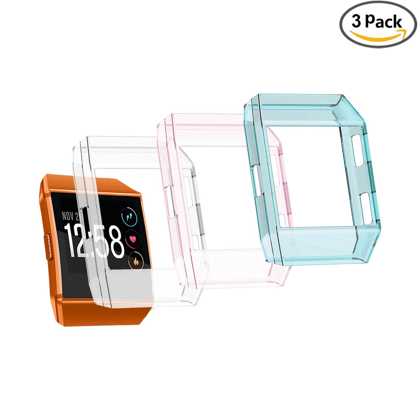 Fitbit Ionic Cover Case, TPU Soft Accessory Frame Rugged Protective Shell Slim Shock Resistant Replacement Bump for Fitbit Ionic Smart Fitness Watch,3pack Crystal Clear Blue Pink