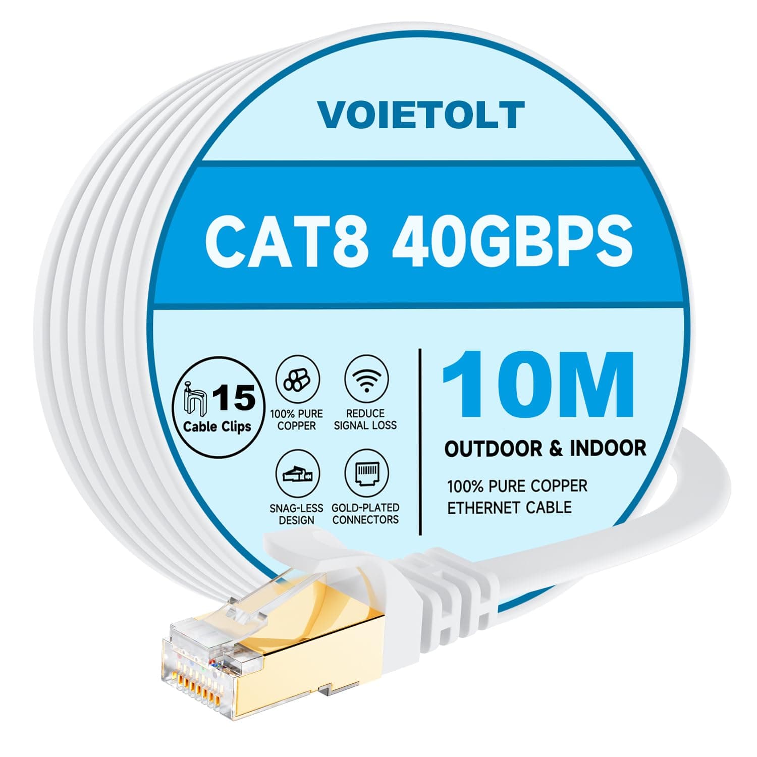 Cat8 Ethernet Cable 10M, 40Gbps/2000Mhz Flat High Speed Network Cable, STP RJ45 Gigabit Cat-8 Lan Internet Cable for PS4/5, for Modem - White